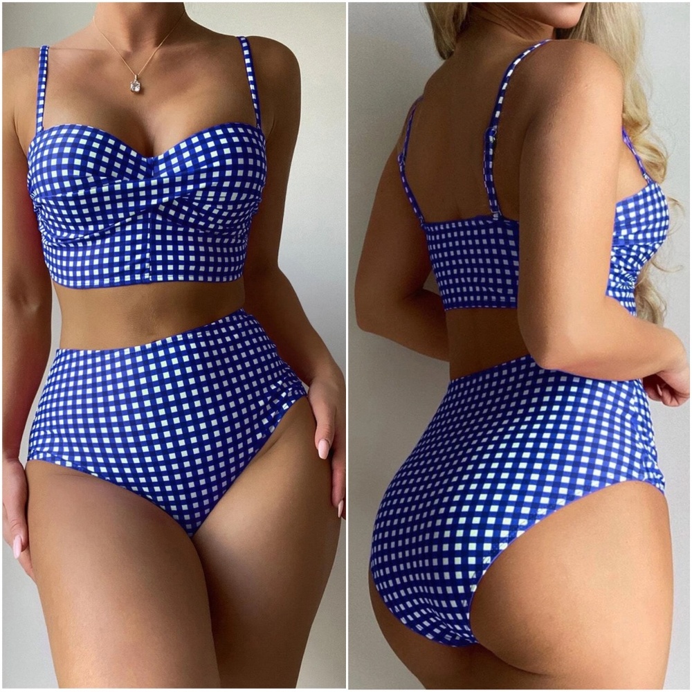 Gingham Print Padded High waisted Swim Beach Bikini - Picture 3 of 6
